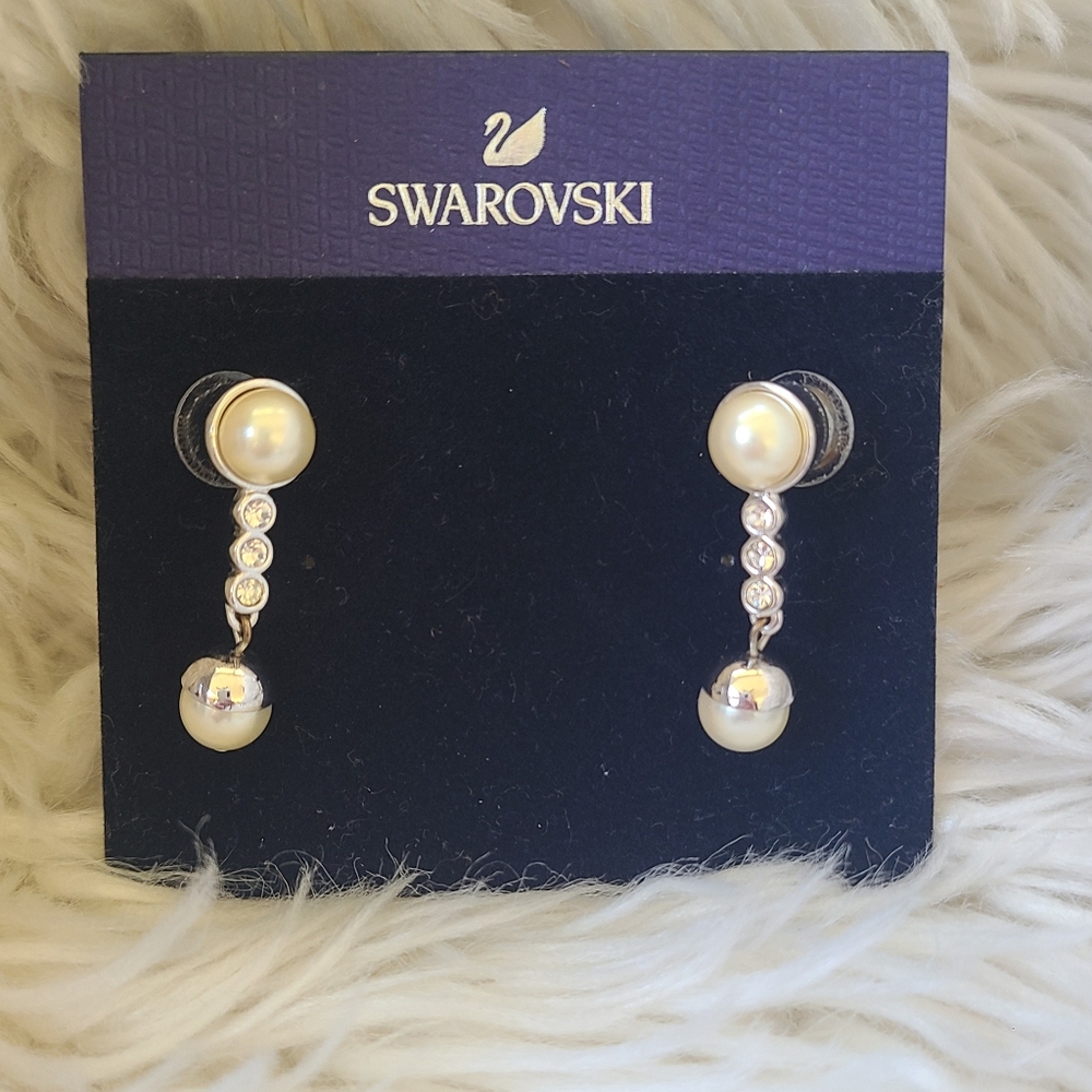 Swarovski Swan Stamped Faux Pearl and Crystal Earrings- Excellent Condition